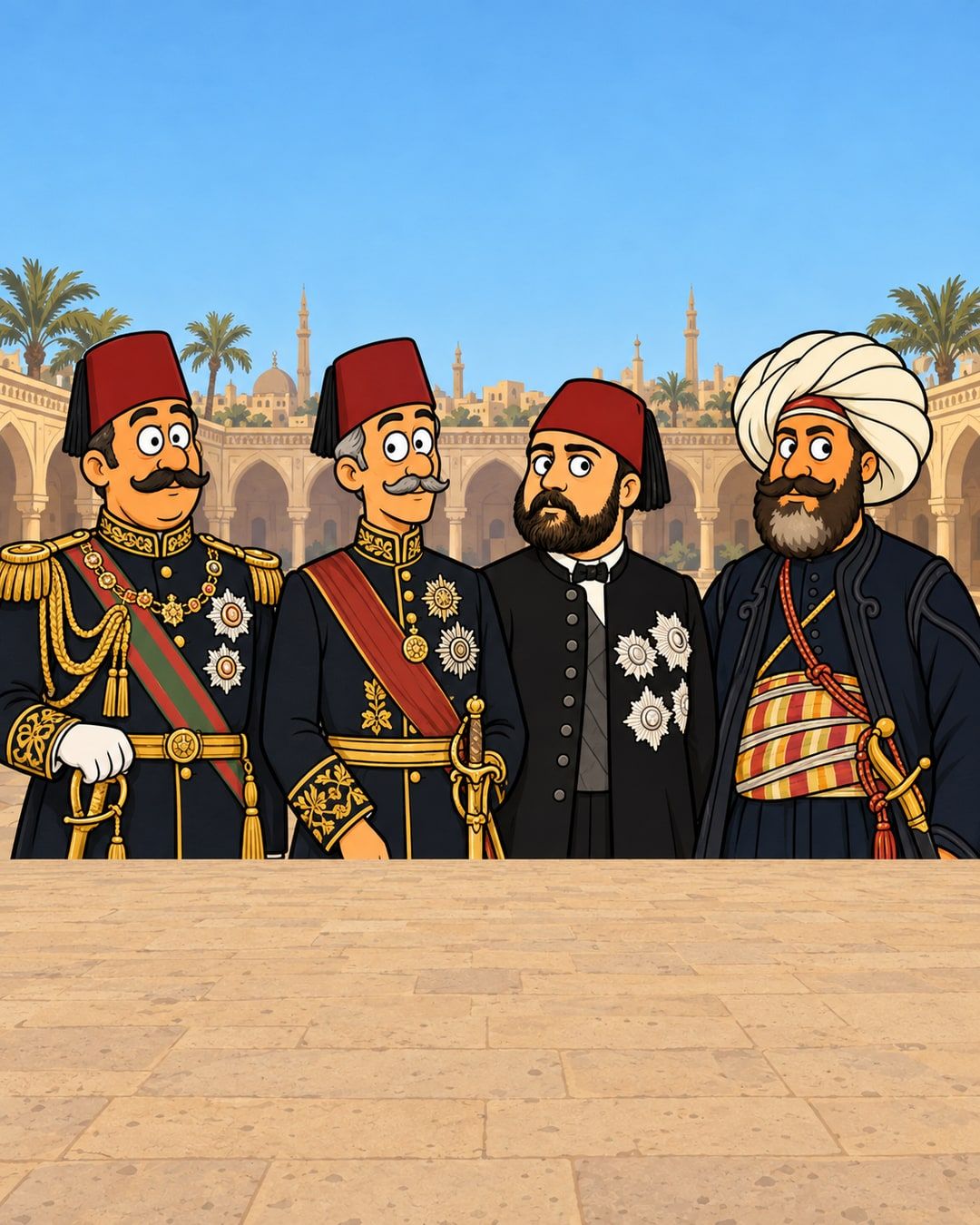 رسمة كرتون: ٤ حكام جنب بعض في صحن قصر: واحد بعمامة بيضا، وواحد بطربوش وبدلة سودا، واتنين ببدل عسكرية مدهبة ووشاحات.