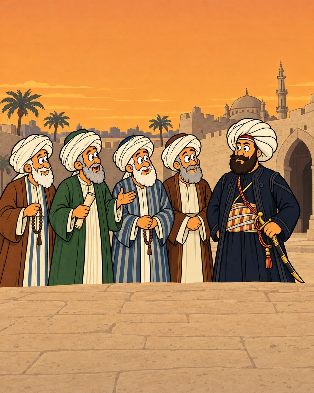 رسمة كرتون: محمد علي بعمامة بيضا ودقن سودا، واقف قدام سور قديم، وجنبه ٤ مشايخ بعمايم بيكلموه.