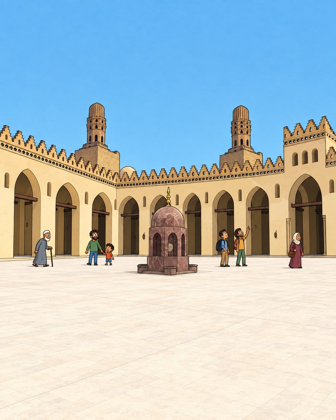 رسمة كرتون لصحن جامع الحاكم بأمر الله الواسع، بأروقته ومأذنتين في الركنين.