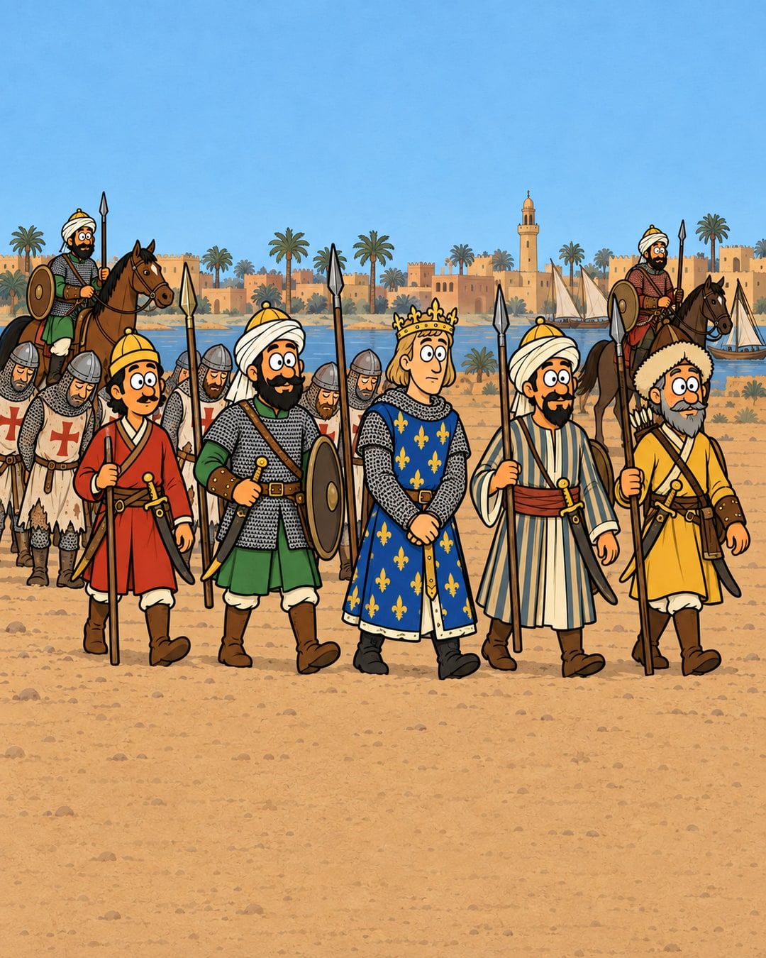 رسمة كرتون: لويس التاسع بتاجه ولبسه الأزرق اللي عليه زهور دهب، ماشي وسط جنود مماليك بحرابهم، وعلى جنب جنود صليبيين بدروع عليها صليب أحمر، ووراهم مدينة على النيل.