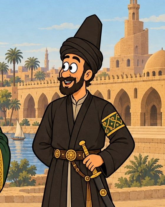 رسمة كرتون: راجل بقلنسوة سودا طويلة وقفطان أسود، إيده على سيف في حزامه، ووراه مبنى بعقود ومأذنة.