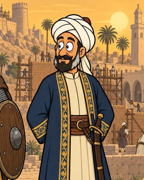 رسمة كرتون: راجل بعمامة بيضا ودقن شايبة، لابس قفطان أزرق بتطريز دهبي، ووراه عمال بيبنوا أسوار بالحجر.