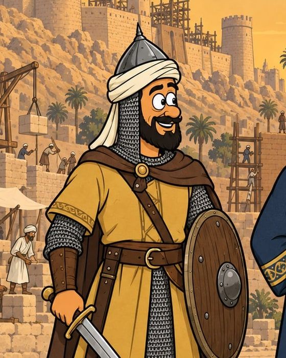 رسمة كرتون: فارس بخوذة حديد وزَرَد، لابس قميص أصفر وماسك سيف وترس خشب، ووراه قلعة على جبل بتتبني.