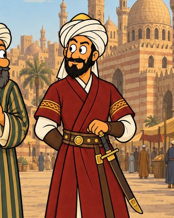 رسمة كرتون: فارس بعمامة ودقن سودا، لابس قفطان أحمر وإيده على سيفه، ووراه مآذن وقباب وسوق.