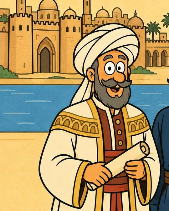 رسمة كرتون: راجل بعمامة بيضا ودقن رمادي وجبة مطرّزة ماسك ورقة ملفوفة، ووراه سور وبوابة ومآذن وقباب.