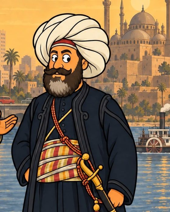 رسمة كرتون: راجل بعمامة بيضا كبيرة ودقن، لابس قفطان أسود وحزام مقلم وسيف، ووراه جامع بقباب ومآذن رفيعة ومركب بخاري في النيل.
